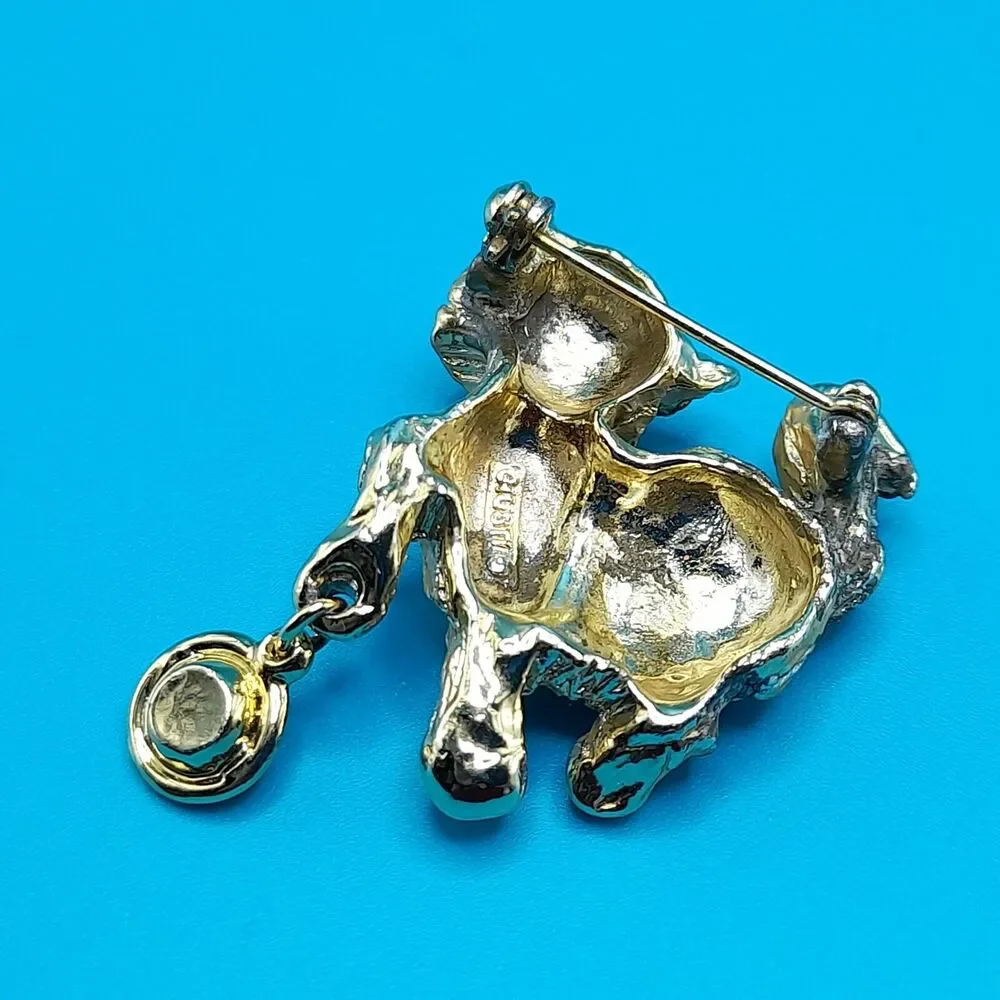 Vintage Cat Brooch, Signed Giusti,  Blue Rhinestone Eye, Kitten Pin, 90s Jewelry